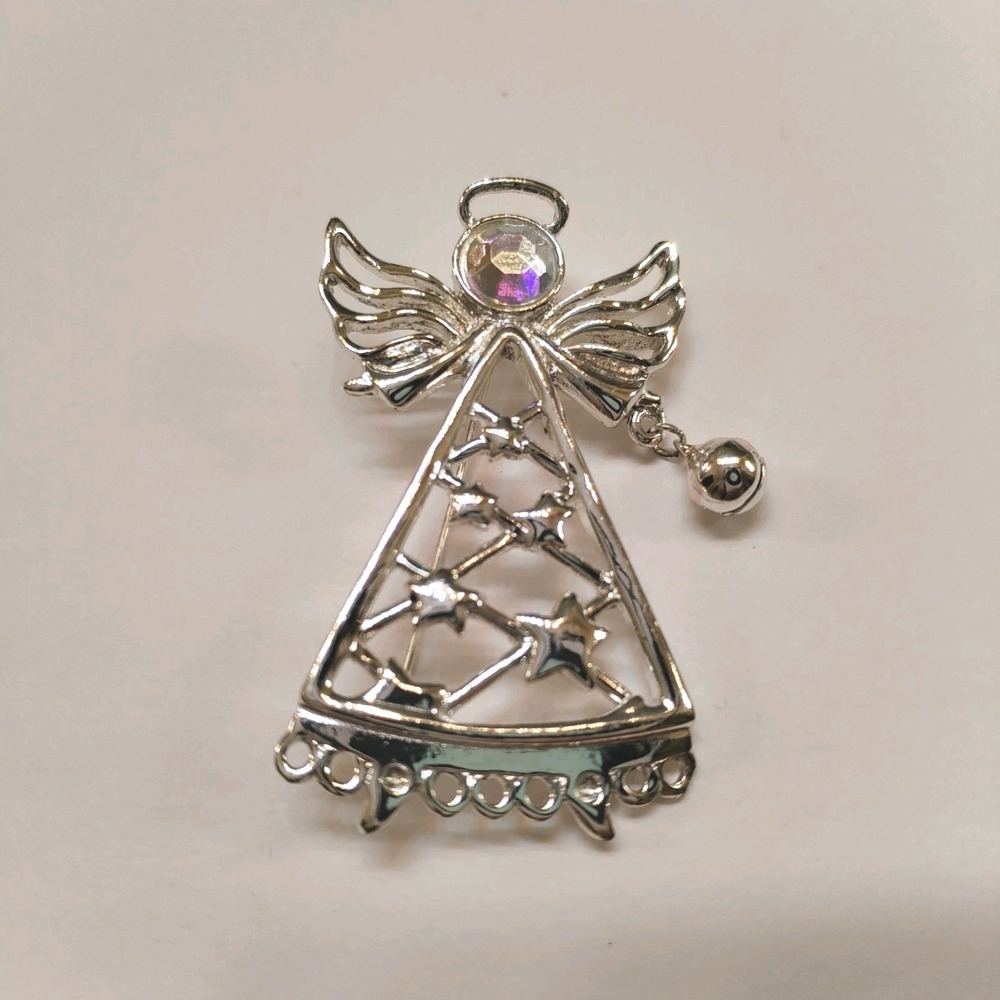 Vintage Silver Tone Angel Brooch Pin Stars Gown Dangling Bell Iridescent Head
